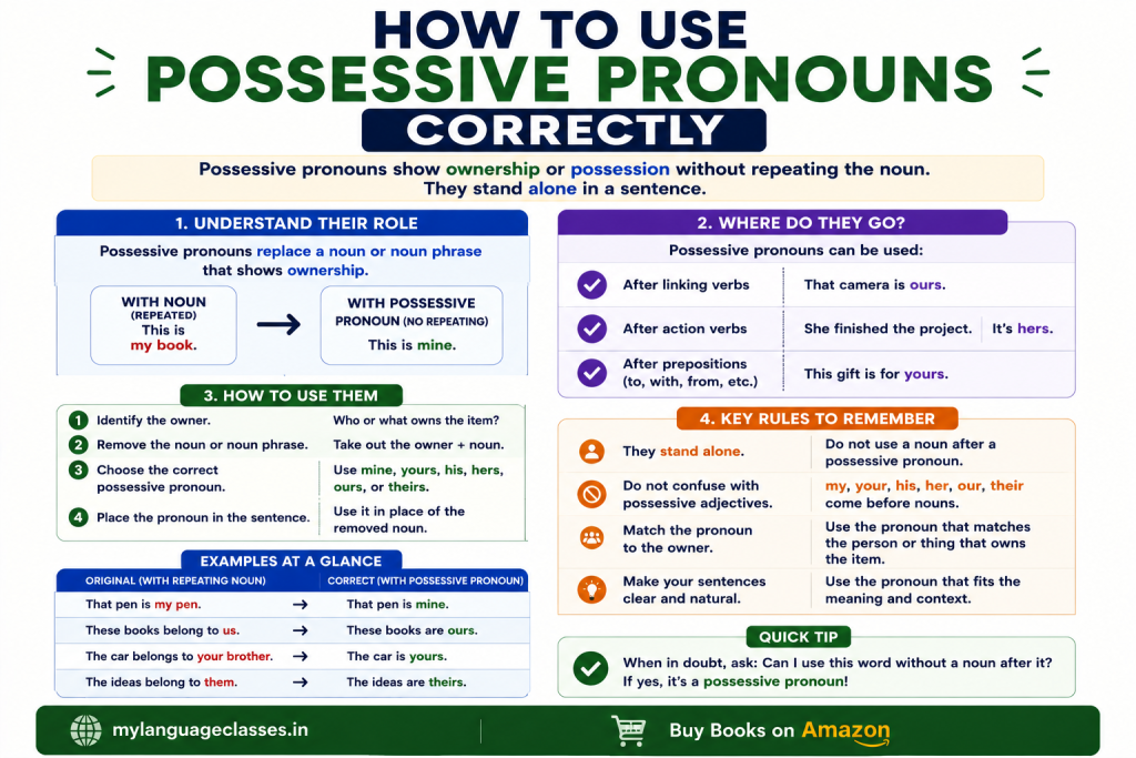 How to Use Possessive Pronouns Correctly infographic explaining how to use English possessive pronouns to show ownership without repeating a noun. Includes step-by-step usage rules, sentence patterns, examples showing how possessive pronouns replace noun phrases, key reminders about using them independently without a following noun, and common mistakes to avoid, including confusing possessive pronouns with possessive adjectives.