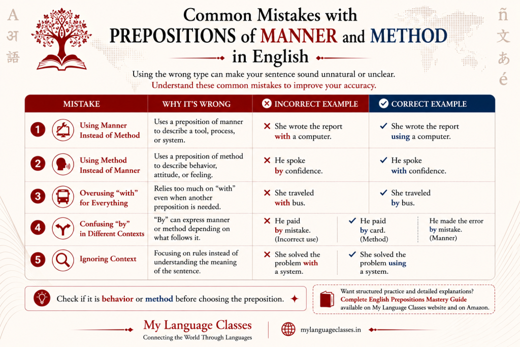 Common mistakes with prepositions of manner and method in English infographic showing incorrect and correct sentence examples for better grammar accuracy.