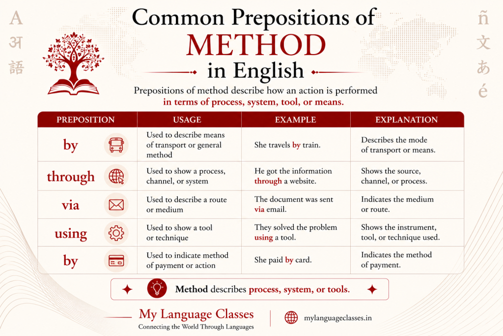 Common prepositions of method in English infographic showing usage of by, through, via, and using with examples explaining process, system, and tools in sentences.