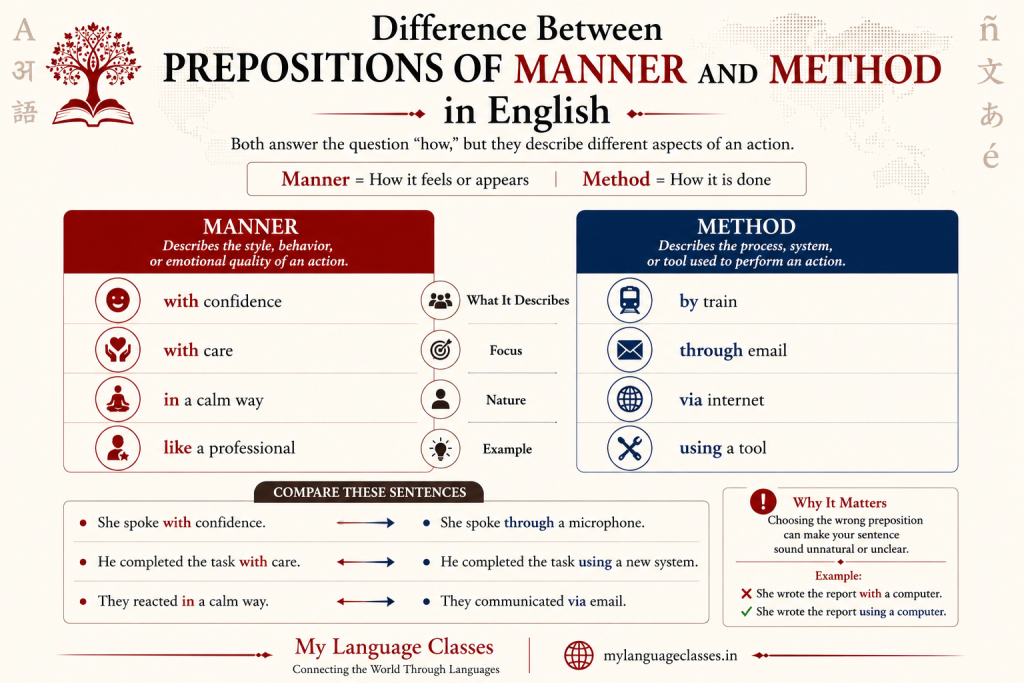 Difference between prepositions of manner and method in English infographic showing clear comparison between behavior or style and process or tools with examples.