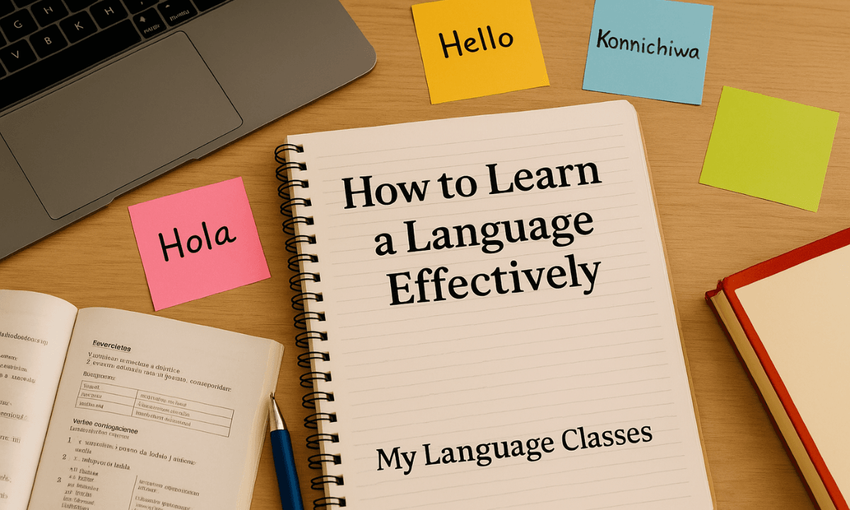 Study desk setup with notebook titled “How to Learn a Language Effectively,” laptop, Spanish textbook, sticky notes with greetings, and My Language Classes branding.