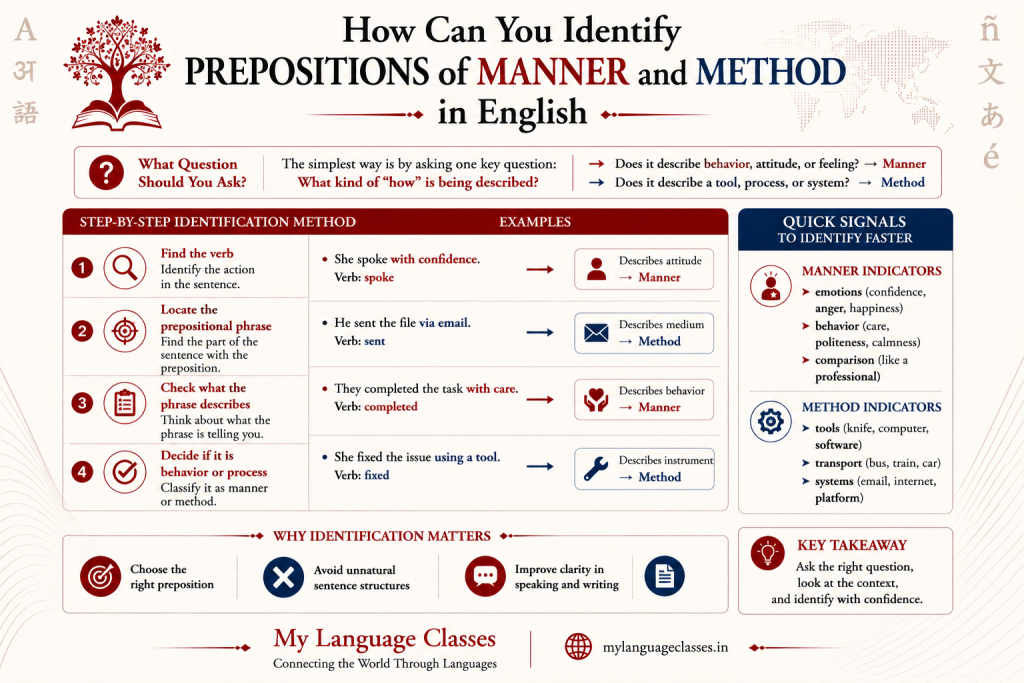 How to identify prepositions of manner and method in English infographic showing a simple flowchart with behavior vs tool or process examples.