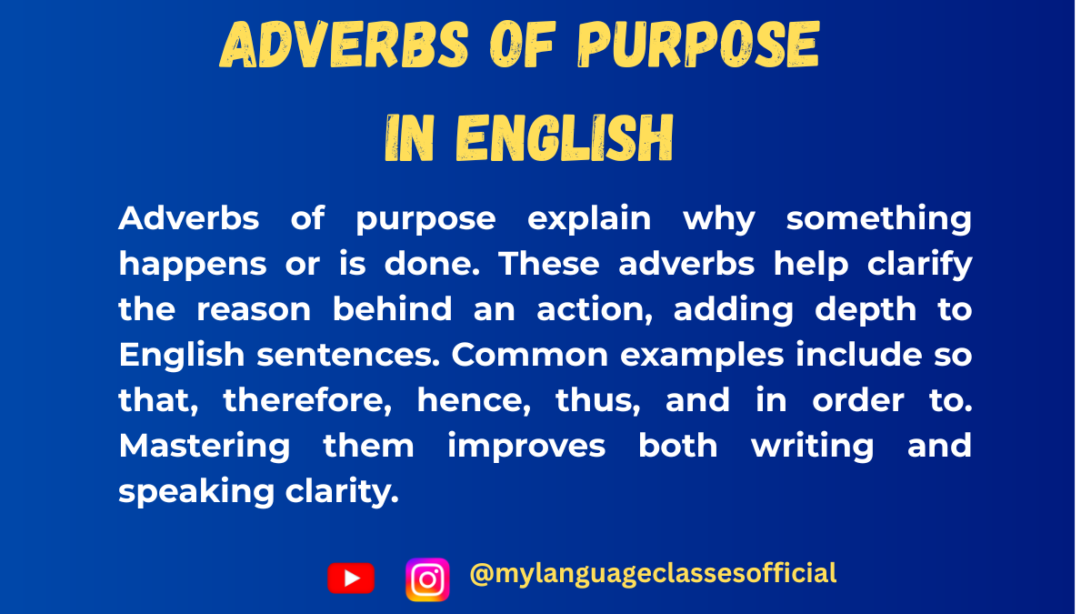 Illustration showing examples of adverbs of purpose like “so that,” “therefore,” “thus,” and “in order to,” used to express reason or purpose in English grammar.