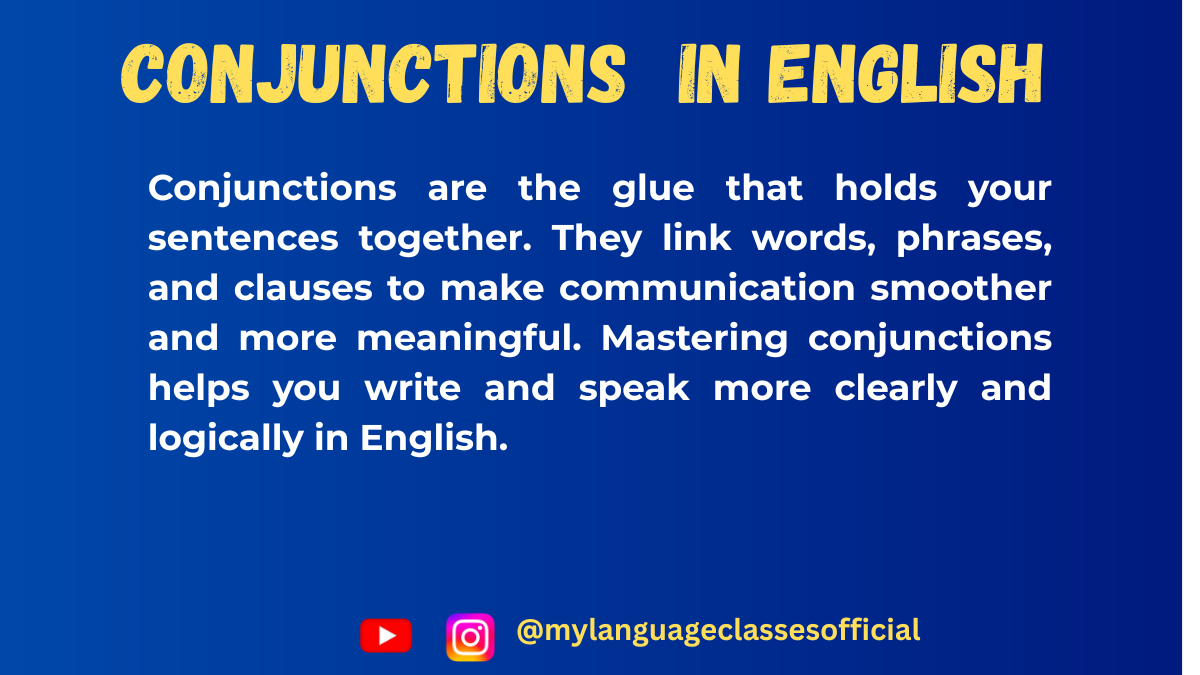 Illustration showing types of English conjunctions—coordinating, subordinating, and correlative—connecting words, phrases, and clauses for better sentence flow.