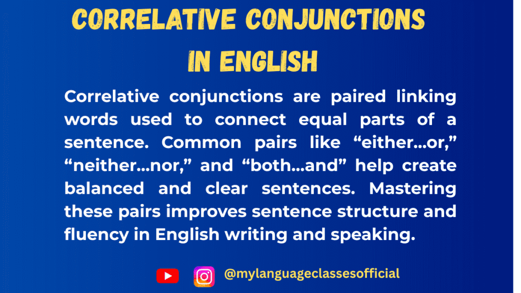 Infographic showing common correlative conjunction pairs in English such as either…or, neither…nor, both…and, used to connect balanced sentence parts.