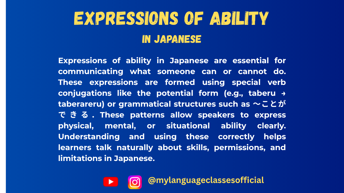 Text image with Japanese grammar overview on expressions of ability, blue background, title "Expressions of Ability in Japanese"