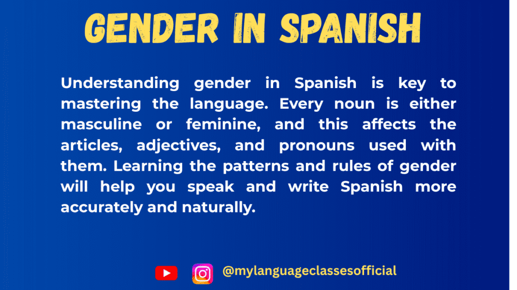 Illustration showing masculine and feminine noun categories in Spanish, with examples and matching articles and adjectives, designed for Spanish language learners.