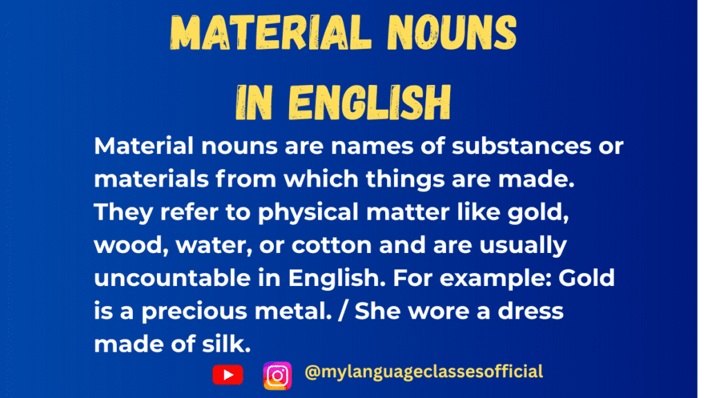 Infographic explaining material nouns in English grammar with definition and examples like gold, wood, and water for ESL learners.