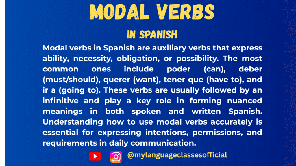 Text image with Spanish grammar overview on modal verbs, blue background, title "Modal Verbs in Spanish," and social handles @mylanguageclassesofficial for Instagram and YouTube.