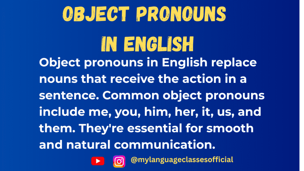 Chart showing English object pronouns with examples like me, him, her, us, and them used in simple sentences for ESL learners.