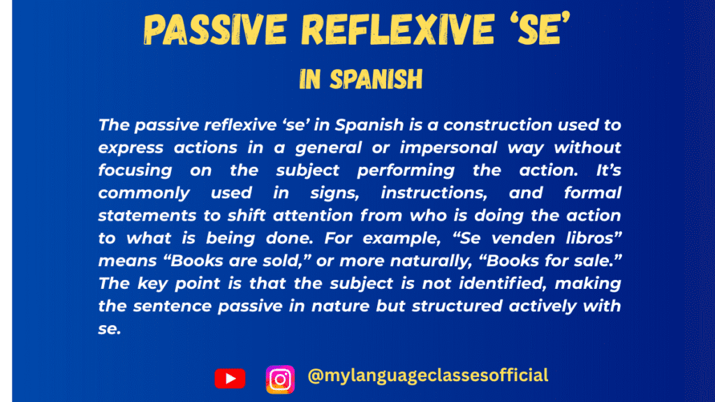 Text image with Spanish grammar overview on passive reflexive ‘se’, blue background, title "Passive Reflexive ‘Se’ in Spanish," and social handles @mylanguageclassesofficial for Instagram and YouTube.