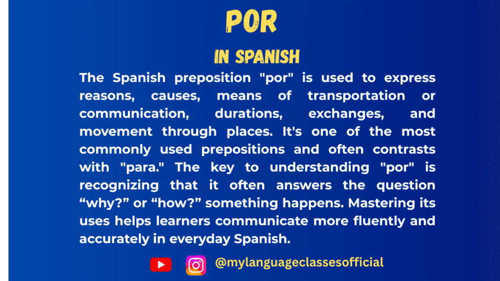 Text image with Spanish grammar overview on the preposition "por," blue background, title "POR in Spanish," and social handles @mylanguageclassesofficial for Instagram and YouTube.