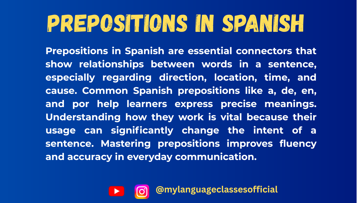 Text image with Spanish grammar overview on prepositions, blue background, title "Prepositions in Spanish," and social handles @mylanguageclassesofficial for Instagram and YouTube.