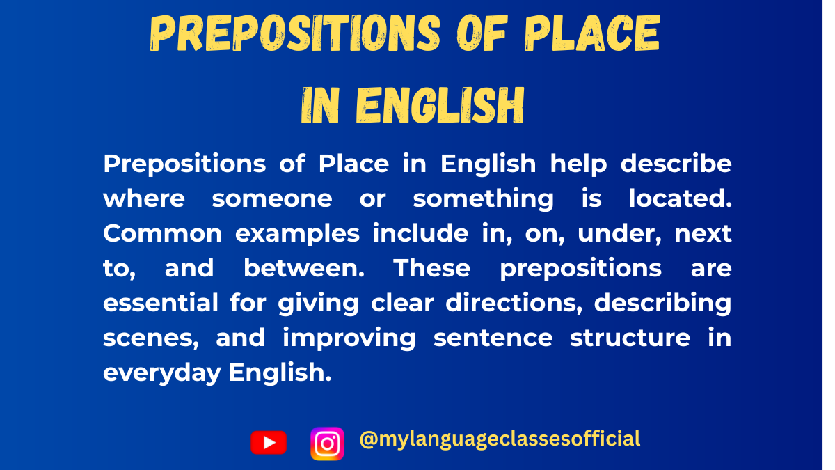 Infographic showing common prepositions of place in English such as “in,” “on,” “under,” “next to,” and “between” with illustrated examples for beginner ESL learners.