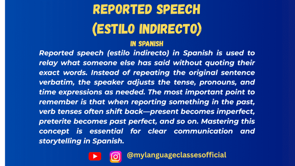 Text image with Spanish grammar overview on reported speech (estilo indirecto), blue background, title "Reported Speech in Spanish," and social handles @mylanguageclassesofficial for Instagram and YouTube.
