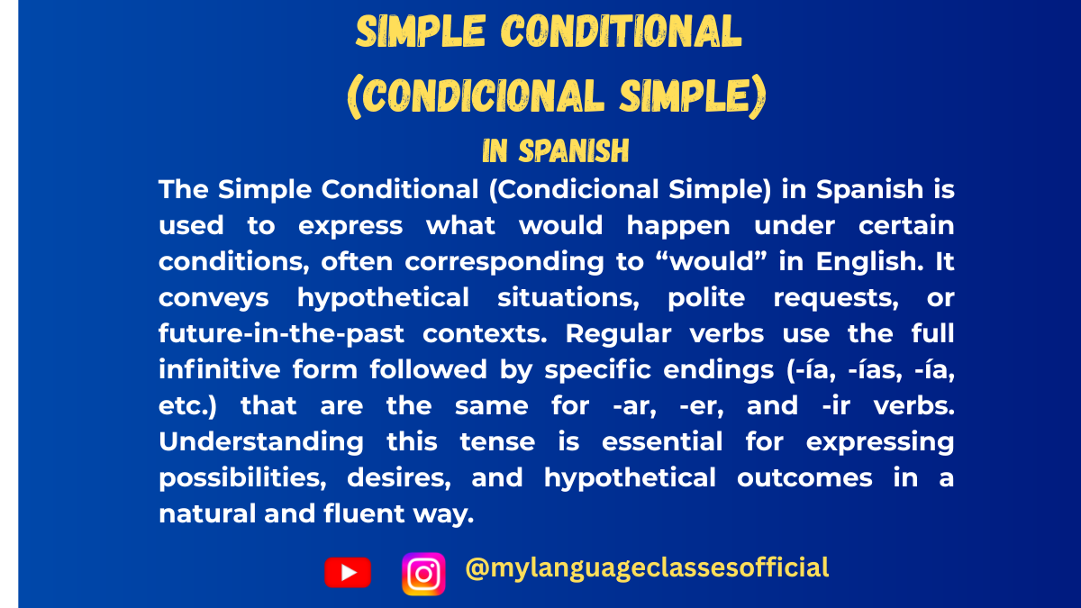 Text image with Spanish grammar overview on Simple Conditional (Condicional Simple), blue background, title "Simple Conditional in Spanish," and social handles @mylanguageclassesofficial for Instagram and YouTube.