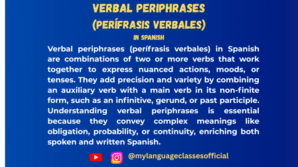 Text image with Spanish grammar overview on verbal periphrases (perífrasis verbales), blue background, title "Verbal Periphrases (Perífrasis Verbales)," and social handles @mylanguageclassesofficial for Instagram and YouTube.
