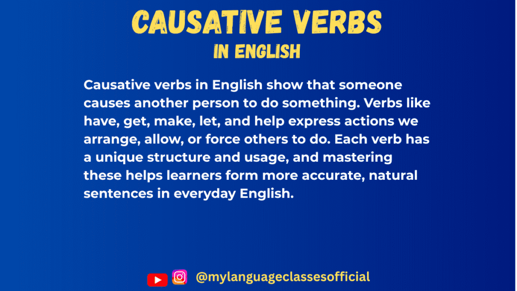 Text image with English grammar overview on causative verbs, blue background, title "Causative Verbs in English"