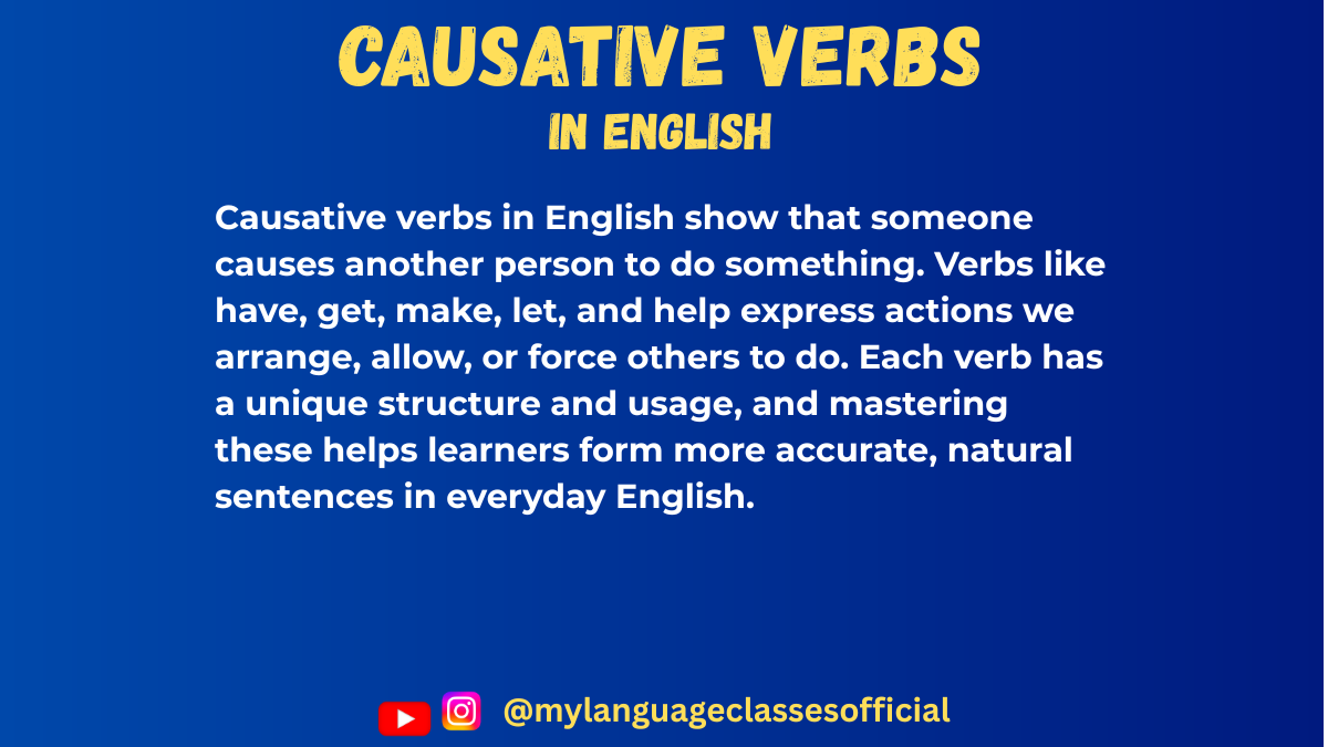 Text image with English grammar overview on causative verbs, blue background, title "Causative Verbs in English"