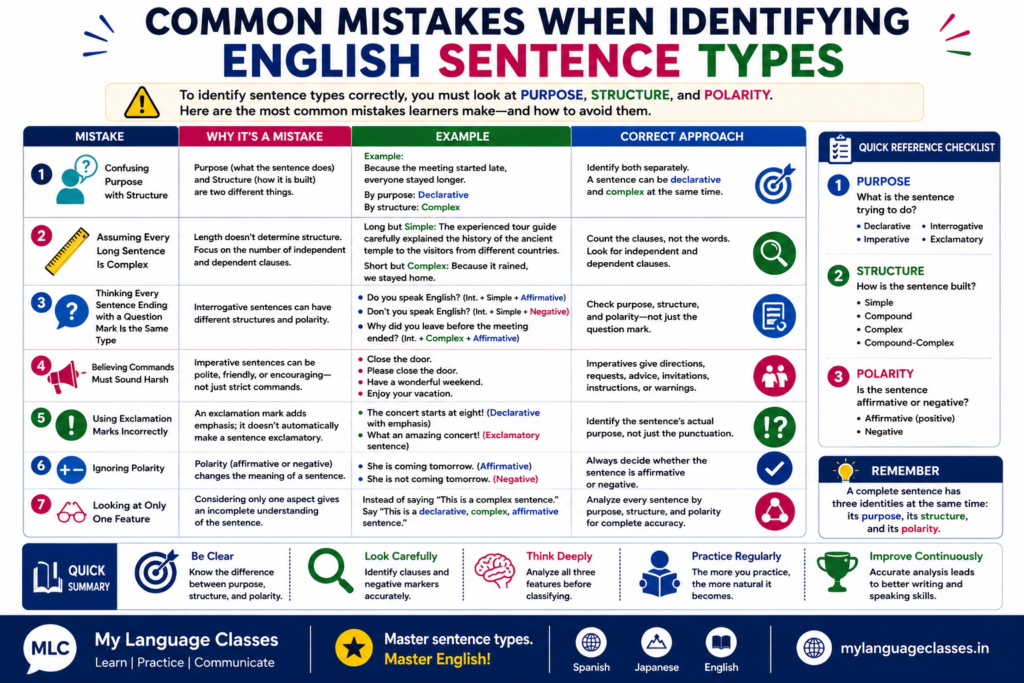 Infographic by My Language Classes explaining the most common mistakes learners make when identifying English sentence types by purpose, structure, and polarity, along with the correct approach.