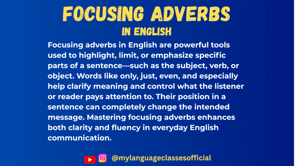 Text image with English grammar overview on focusing adverbs, blue background, title "Focusing Adverbs in English"