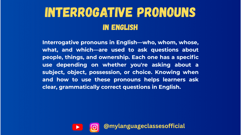 Text image with English grammar overview on interrogative pronouns, blue background, title "Interrogative Pronouns in English"