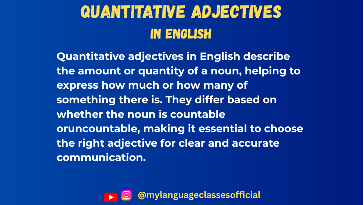 Text image with overview of quantitative adjectives in English, blue background, title "Quantitative Adjectives in English"