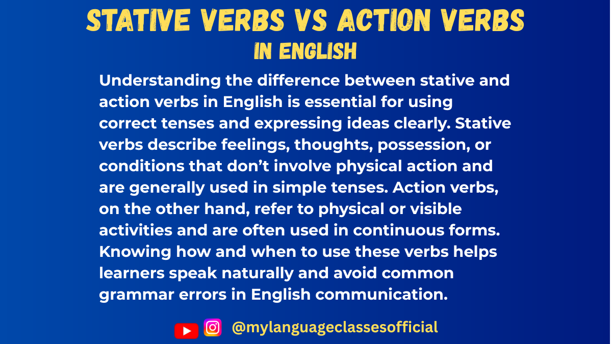 Text image with English grammar overview on stative vs action verbs, blue background, title "Stative Verbs vs Action Verbs in English"