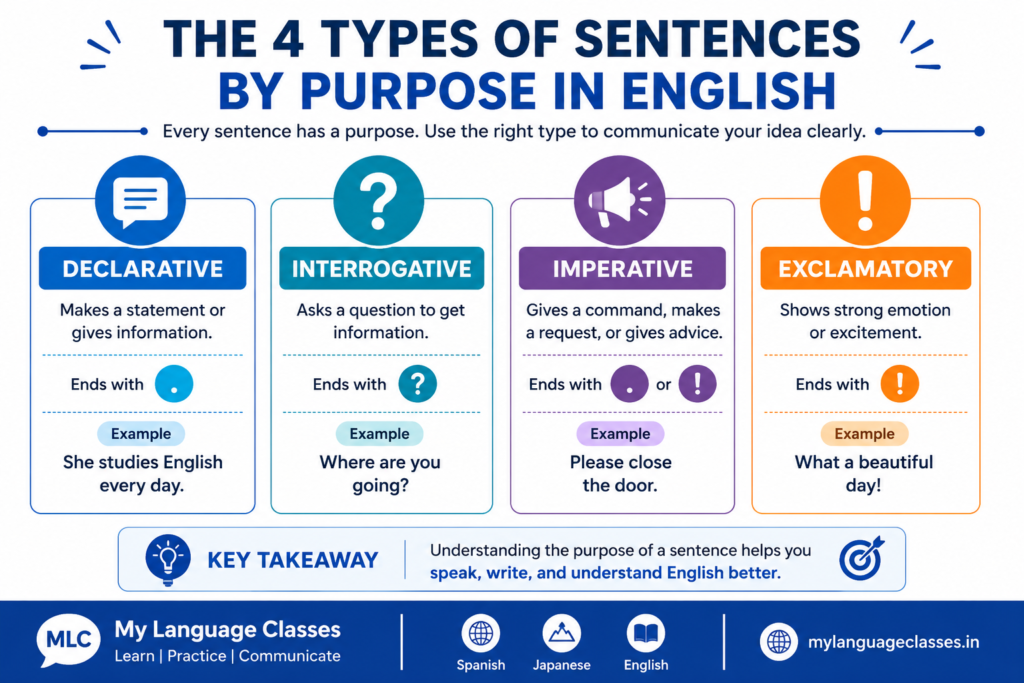 Infographic by My Language Classes explaining the four types of English sentences by purpose with their functions, punctuation, and examples.