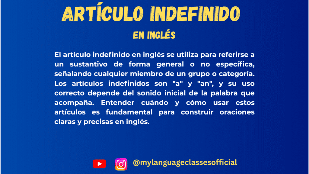 Imagen con texto explicativo sobre el artículo indefinido en inglés, fondo azul, título "Artículo Indefinido en Inglés"