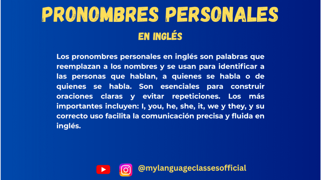 Imagen con texto sobre pronombres personales en inglés, fondo azul, título "Pronombres personales en Inglés".