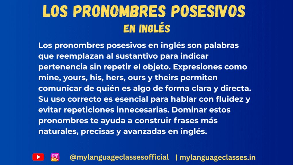 Imagen con texto educativo sobre los pronombres posesivos en inglés, fondo azul, título "Pronombres Posesivos en Inglés"