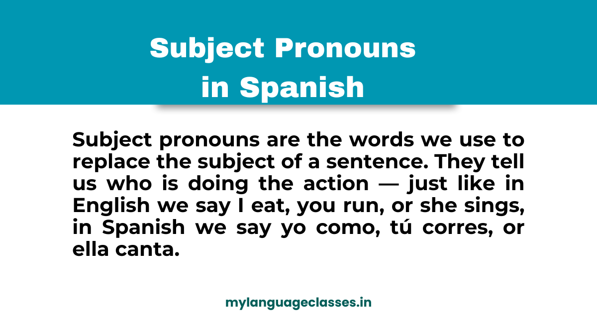 Illustration explaining Spanish subject pronouns with beginner-friendly examples using yo, tú, and ella for daily actions like eating, running, and singing.