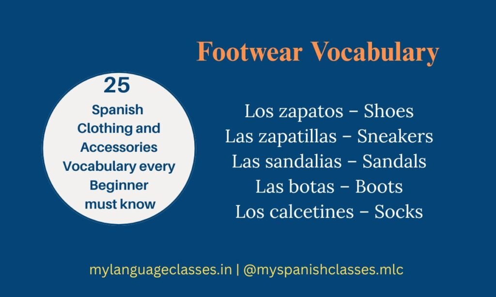 Beginner Spanish vocabulary list for footwear. Learn los zapatos (Shoes), las zapatillas (Sneakers), las sandalias (Sandals), las botas (Boots), and los calcetines (Socks). Designed by My Language Classes to make Spanish learning easy and practical.
