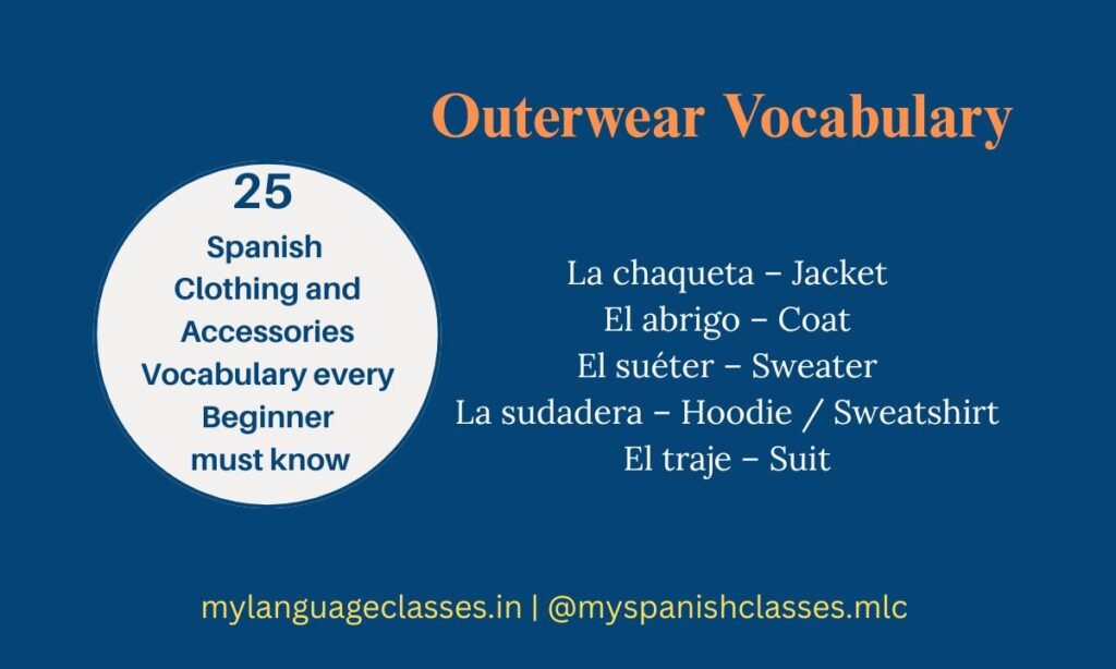 Visual Spanish vocabulary list of outerwear. Learn la chaqueta (Jacket), el abrigo (Coat), el suéter (Sweater), la sudadera (Hoodie/Sweatshirt), and el traje (Suit). A My Language Classes guide to Spanish clothing vocabulary for beginners.
