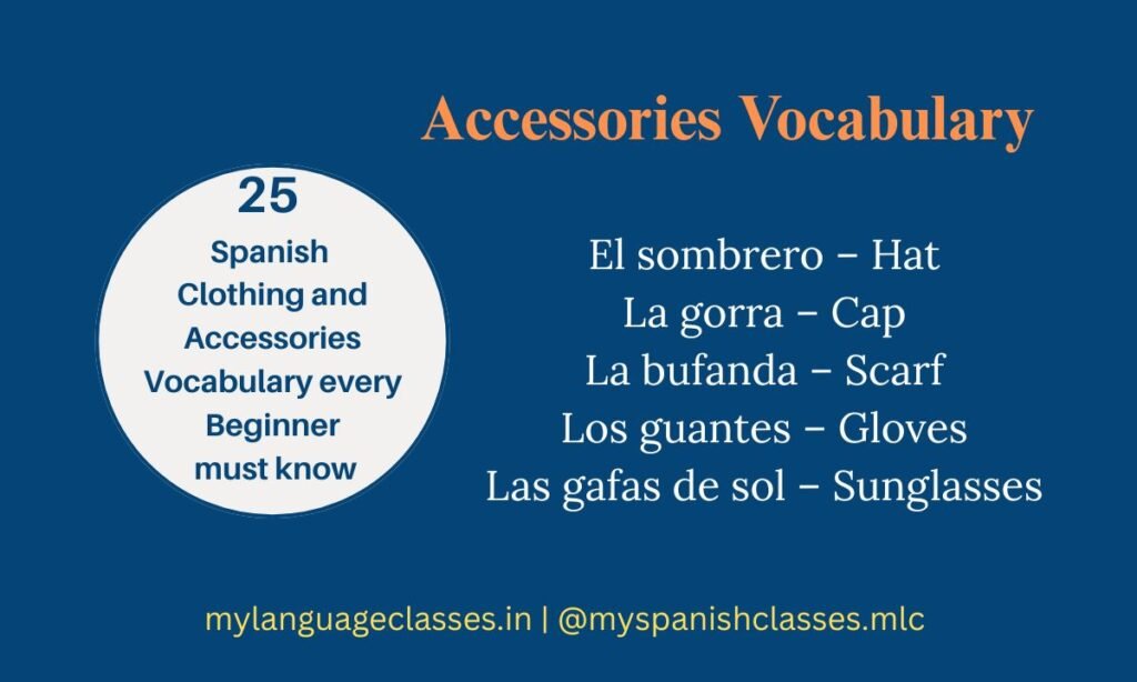 Beginner Spanish accessories vocabulary list with English meanings. Includes el sombrero (Hat), la gorra (Cap), la bufanda (Scarf), los guantes (Gloves), and las gafas de sol (Sunglasses). Created by My Language Classes for easy Spanish learning.
