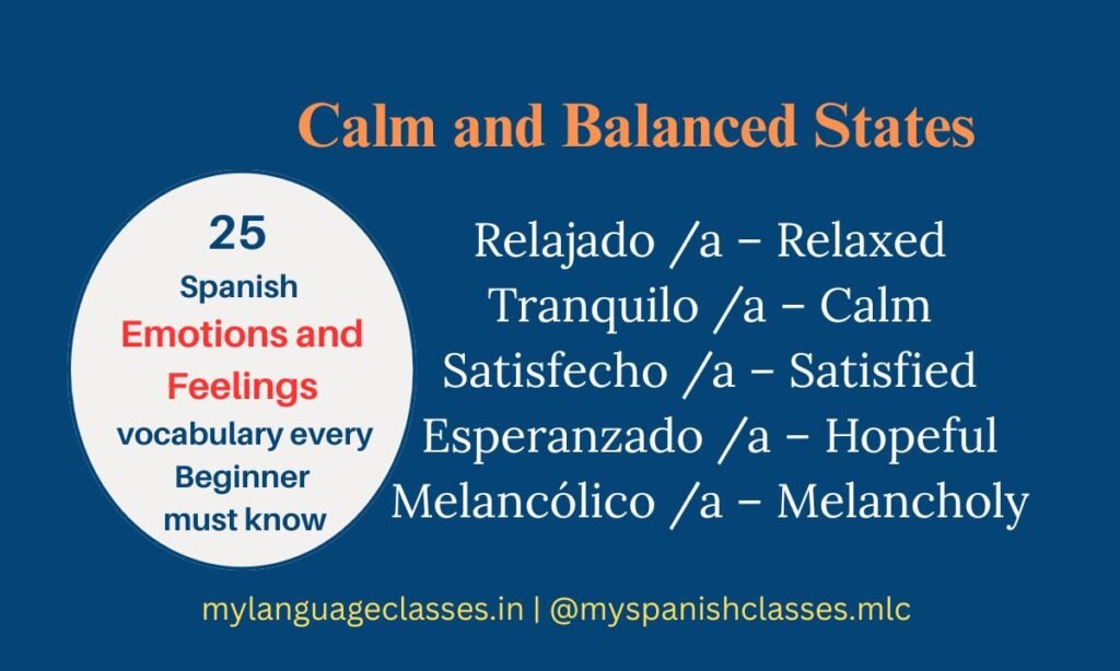 This visual guide shows Calm and Balanced States from the Spanish Emotions and Feelings Vocabulary for Beginner. Words include Relajado (Relaxed), Tranquilo (Calm), Satisfecho (Satisfied), Esperanzado (Hopeful), and Melancólico (Melancholy), with English meanings provided by My Language Classes.