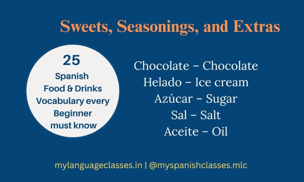Sweets, Seasonings, and Extras from 25 Spanish Food and Drinks Vocabulary Every Beginner Must Know. This My Language Classes guide presents Spanish to English meanings for Chocolate – Chocolate, Helado – Ice cream, Azúcar – Sugar, Sal – Salt, and Aceite – Oil. A must-have list for beginner Spanish learners.