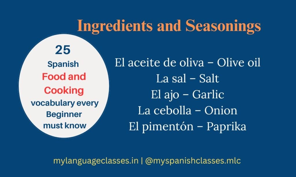 My Language Classes presents a Spanish food vocabulary chart featuring key ingredients like el aceite de oliva (olive oil), la sal (salt), el ajo (garlic), la cebolla (onion), and el pimentón (paprika). Ideal for learners studying Spanish Food and Cooking Vocabulary for Beginners and Spanish cuisine basics.