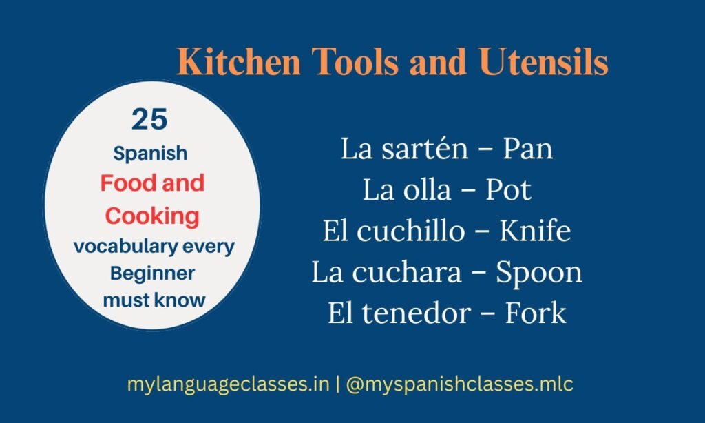 A beginner-friendly Spanish kitchen vocabulary guide from My Language Classes covering tools like la sartén (pan), la olla (pot), el cuchillo (knife), la cuchara (spoon), and el tenedor (fork). Great for learners expanding their Spanish Food and Cooking Vocabulary for Beginners.