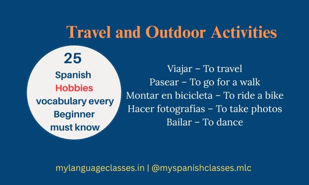 Educational graphic by My Language Classes showing Spanish hobbies vocabulary for Travel and Outdoor Activities. Includes beginner words: viajar (to travel), pasear (to go for a walk), montar en bicicleta (to ride a bike), hacer fotografías (to take photos), bailar (to dance).