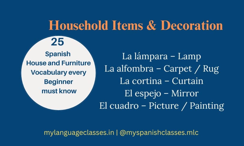 Household items and decoration in Spanish with English meanings – La lámpara (Lamp), La alfombra (Carpet/Rug), La cortina (Curtain), El espejo (Mirror), El cuadro (Picture/Painting). Spanish learning resource by My Language Classes.