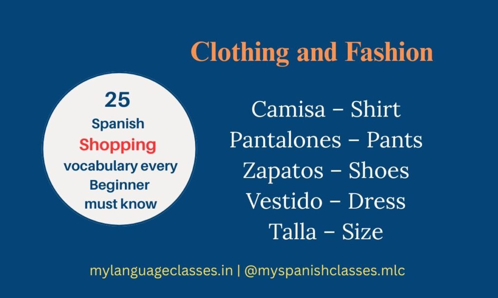 Visual learning guide from My Language Classes showing Spanish shopping vocabulary for clothing and fashion. Includes Camisa – Shirt, Pantalones – Pants, Zapatos – Shoes, Vestido – Dress, and Talla – Size. Ideal for beginners learning practical Spanish words.