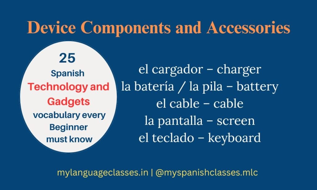 This Spanish learning image from My Language Classes helps beginners master essential tech component words like el cargador (charger), la batería / la pila (battery), el cable (cable), la pantalla (screen), and el teclado (keyboard). Ideal for learning Spanish gadget vocabulary in real-life contexts.
