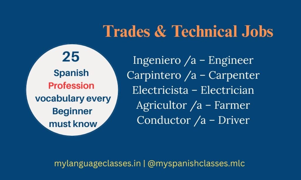 Explore Trades and Technical Jobs in Spanish profession vocabulary for beginners. Includes essential words like ingeniero, carpintero, electricista, agricultor, and conductor with English equivalents. Published by My Language Classes.