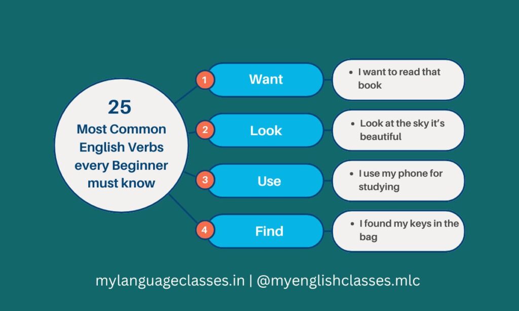 Examples of English verbs Want, Look, Use, and Find with simple example sentences to support beginner English learners.