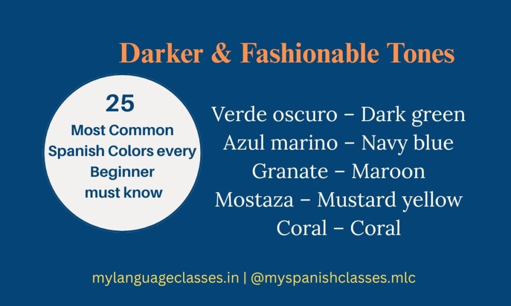 Darker and Fashionable Spanish Colors – Learn words like verde oscuro, azul marino, granate, mostaza, and coral with My Language Classes.