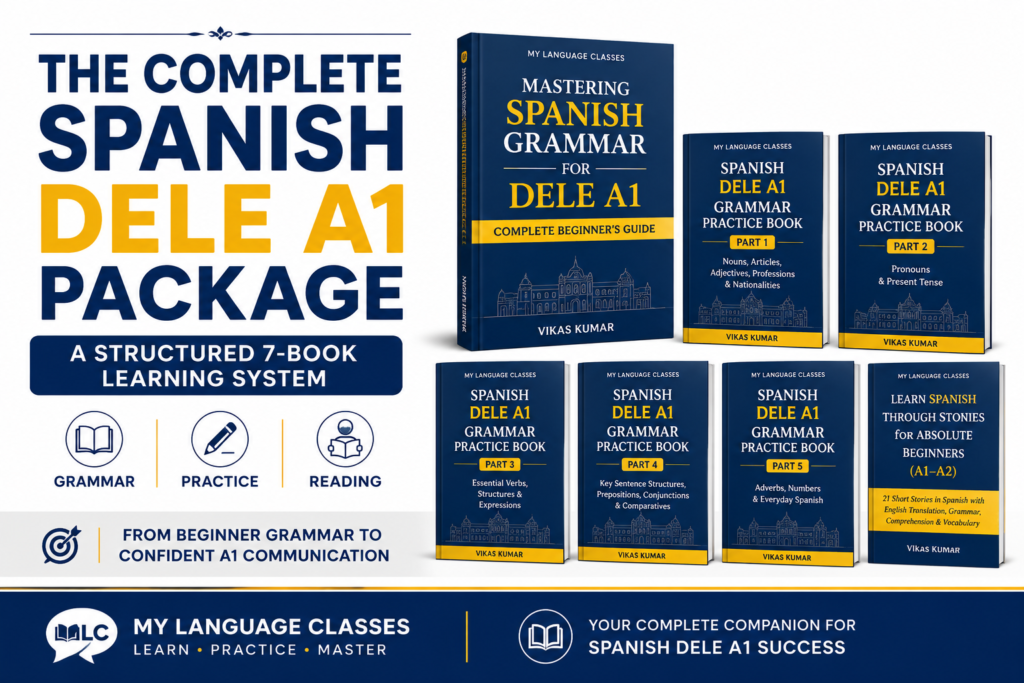 Complete Spanish DELE A1 Package featuring a structured 7-book learning system for beginner grammar, practice, and reading by My Language Classes.