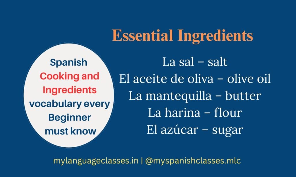 This image from the Spanish Vocabulary Series by My Language Classes focuses on essential kitchen ingredients in Spanish. It includes key words such as la sal (salt), el aceite de oliva (olive oil), la mantequilla (butter), la harina (flour), and el azúcar (sugar). Perfect for beginners learning Spanish ingredient vocabulary for daily cooking and recipe understanding.