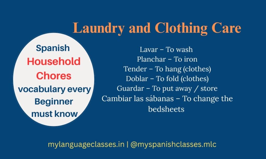 Improve your Spanish vocabulary for laundry and clothing care. Learn verbs like Lavar (To wash), Planchar (To iron), Tender (To hang clothes), Doblar (To fold), Guardar (To store), and Cambiar las sábanas (To change the bedsheets). Brought to you by My Language Classes.